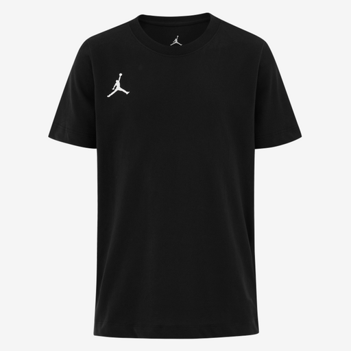 Black t-shirt with a white logo on a white background