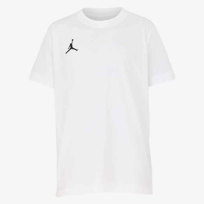 White t-shirt with a black logo on a white background