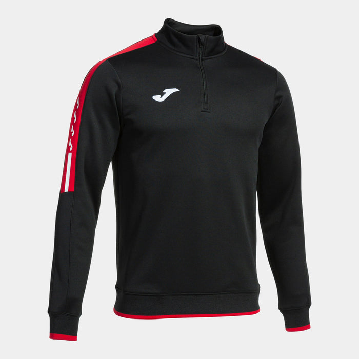 A black men's half-zip sweatshirt with a high collar, red accents and the white Joma logo on the left sleeve.