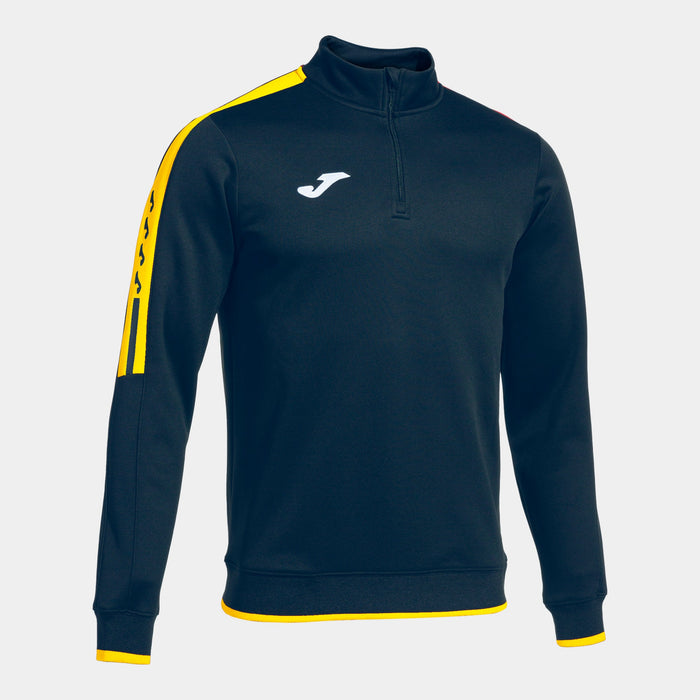 A navy men's half-zip sweatshirt with a high collar, yellow accents and the white Joma logo on the left sleeve.