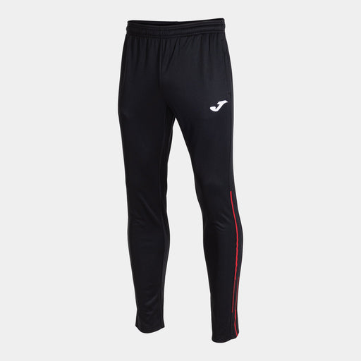 A pair of black long pants with a red stripe on the side, featuring an elastic waistband and drawstrings, with the Joma logo on the left leg.