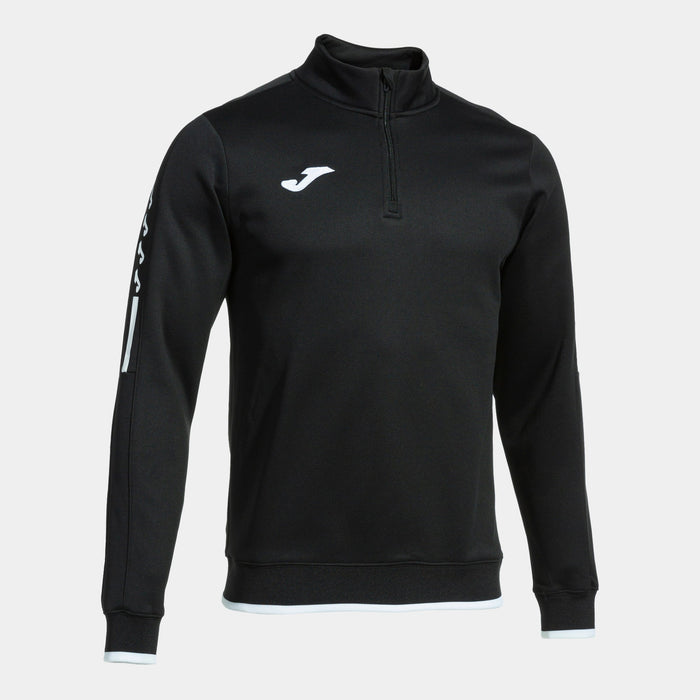 A black men's half-zip sweatshirt with a high collar and the white Joma logo on the left sleeve.
