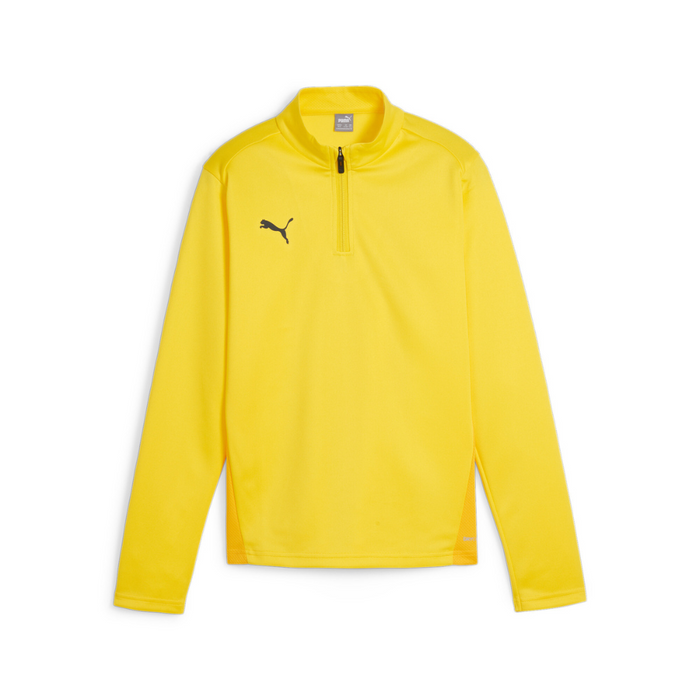 A yellow Puma Team Goal Training 1/4 Zip Top for kids, with long sleeves and a quarter zip neckline.
