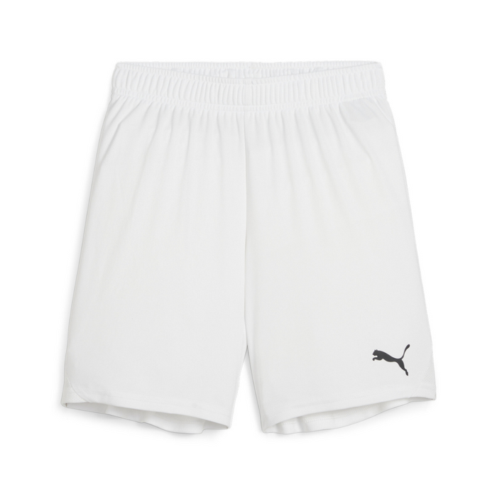 A pair of white Puma team goal shorts with a white Puma logo on the left leg.