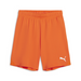 A pair of orange Puma team goal shorts with a white Puma logo on the left leg.