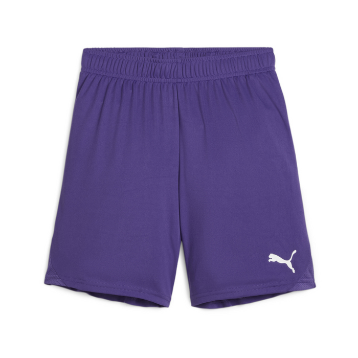 A pair of purple Puma team goal shorts with a white Puma logo on the left leg.