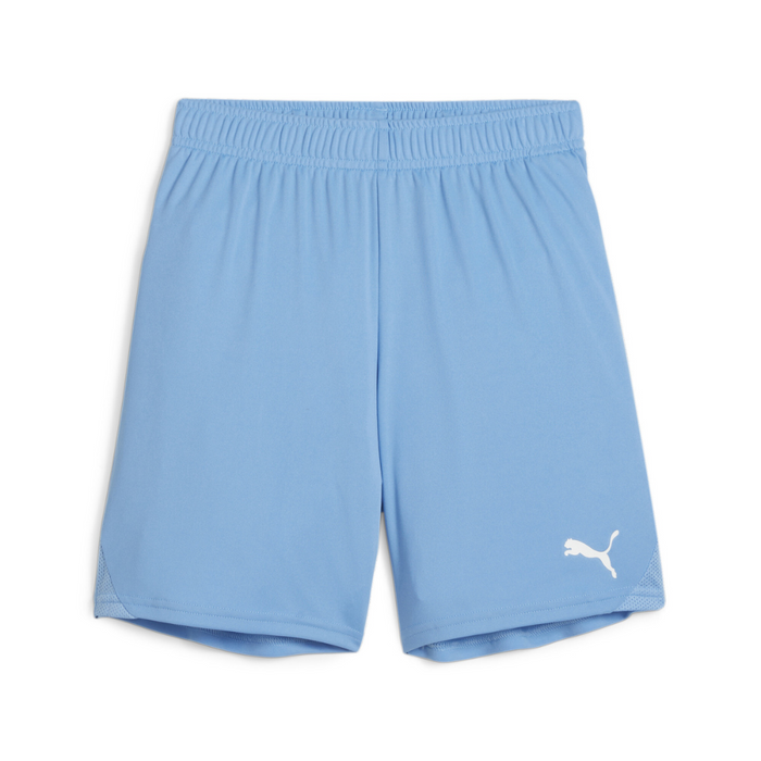 A pair of sky blue Puma team goal shorts with a white Puma logo on the left leg.